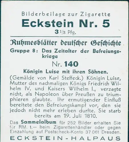 Sammelbild Ruhmesblätter deutscher Geschichte Nr. 140 Befreiungskriege, Königin Luise mit Söhnen