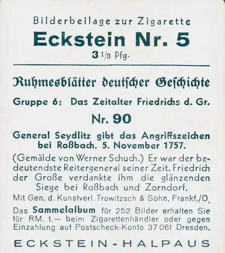 Sammelbild Ruhmesblätter deutscher Geschichte Nr. 90 General Seydlitz, Schlacht bei Roßbach 1757