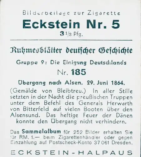 Sammelbild Ruhmesblätter deutscher Geschichte Nr. 185, Einigung Deutschlands, Alsen 1864, Bleibtreu