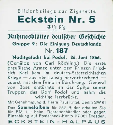 Sammelbild Ruhmesblätter deutscher Geschichte Nr. 187, Einigung Deutschlands, Gefecht Podol 1866