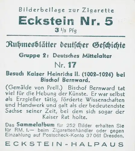 Sammelbild Ruhmesblätter deutscher Geschichte 17 Mittelalter, Kaiser Heinrich II, Bischoff Bernward