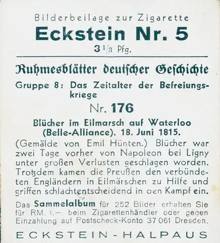 Sammelbild Ruhmesblätter deutscher Geschichte Nr. 176 Befreiungskriege, Blücher, Waterloo, 1815