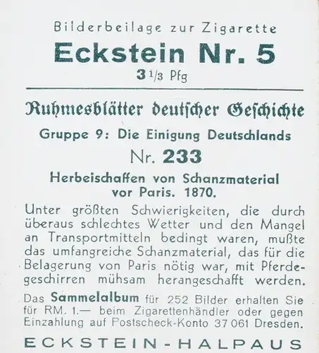 Sammelbild Ruhmesblätter deutscher Geschichte Nr. 233 Einigung Deutschlands, Belagerung Paris 1870