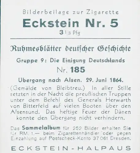 Sammelbild Ruhmesblätter deutscher Geschichte Nr. 185 Einigung Deutschlands, Alsen 1864