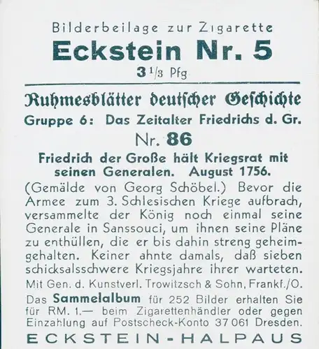 Sammelbild Ruhmesblätter deutscher Geschichte Nr. 86 Friedrich der Große, Kriegsrat 1756, Generäle