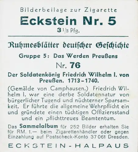 Sammelbild Ruhmesblätter deutscher Geschichte Nr. 76 Das Werden Preußens, Friedrich Wilhelm I.