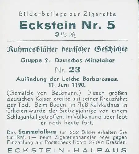 Sammelbild Ruhmesblätter deutscher Geschichte 23 Mittelalter, Auffinden der Leiche Barbarossas 1190