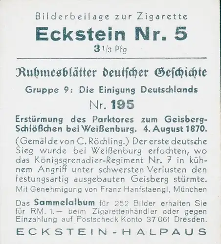 Sammelbild Ruhmesblätter deutscher Geschichte 195 Einigung Deutschlands, Geisberg Schlösschen 1870