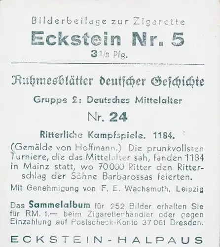 Sammelbild Ruhmesblätter deutscher Geschichte Nr. 24 Dt. Mittelalter, Ritterliche Kampfspiele 1184