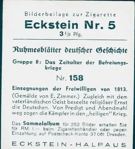 Sammelbild Ruhmesblätter deutscher Geschichte Nr. 158 Befreiungskriege, Einsegnung Freiwilliger 1813