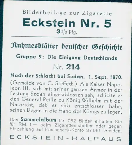 Sammelbild Ruhmesblätter deutscher Geschichte Nr. 214 Einigung Deutschlands, Sedan, 1870