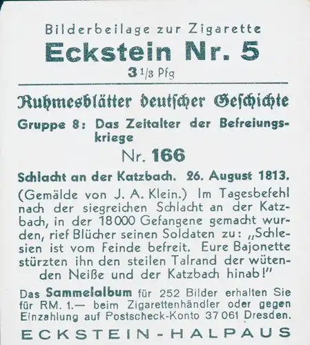 Sammelbild Ruhmesblätter deutscher Geschichte Nr. 166 Befreiungskriege Schlacht an der Katzbach 1813