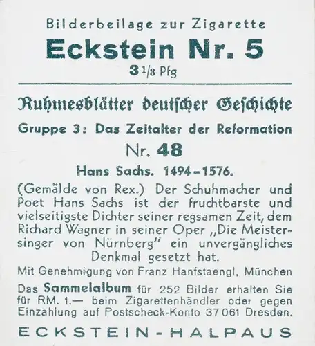 Sammelbild Ruhmesblätter deutscher Geschichte Nr. 48 Reformation, Hans Sachs