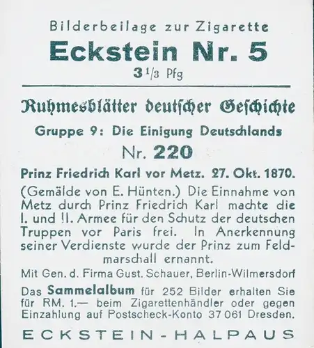 Sammelbild Ruhmesblätter deutscher Geschichte 220 Einigung Deutschlands, Prinz Friedrich Karl 1870