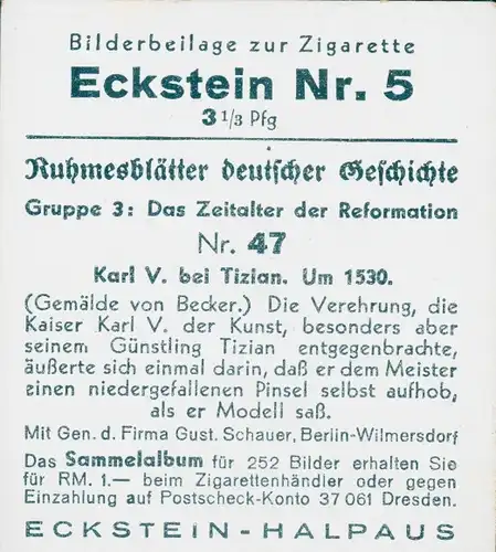 Sammelbild Ruhmesblätter deutscher Geschichte Nr. 47 Reformation, Karl V bei Tizian, um 1530