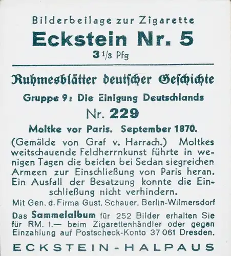 Sammelbild Ruhmesblätter deutscher Geschichte Nr. 229 Einigung Deutschlands, Moltke vor Paris 1870