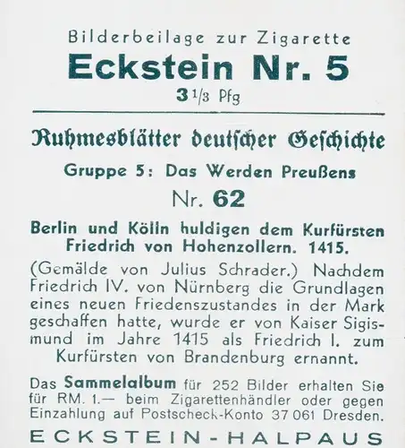 Sammelbild Ruhmesblätter deutscher Geschichte 62 Das Werden Preußens, Friedrich v. Hohenzollern 1415