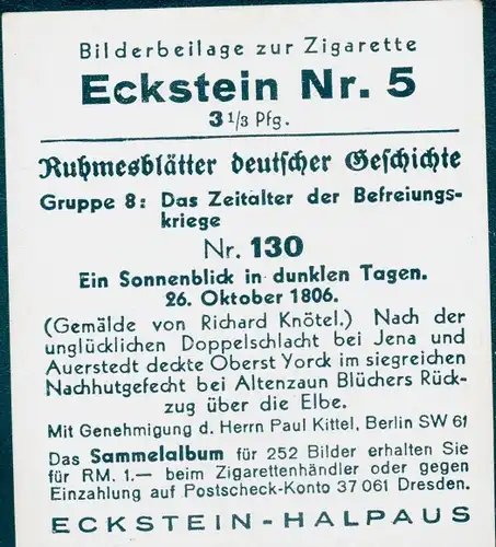 Sammelbild Ruhmesblätter deutscher Geschichte Nr. 130 Befreiungskriege, Schlachtfeld 1806, Yorck