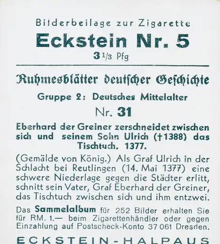 Sammelbild Ruhmesblätter deutscher Geschichte Nr. 31 Mittelalter, Eberhard der Greiner, Ulrich, 1377