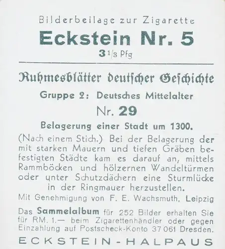 Sammelbild Ruhmesblätter deutscher Geschichte Nr. 29 Mittelalter, Belagerung einer Stadt um 1300