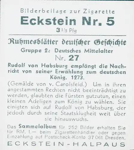 Sammelbild Ruhmesblätter deutscher Geschichte Nr. 27 Mittelalter, Rudolf von Habsburg, 1273