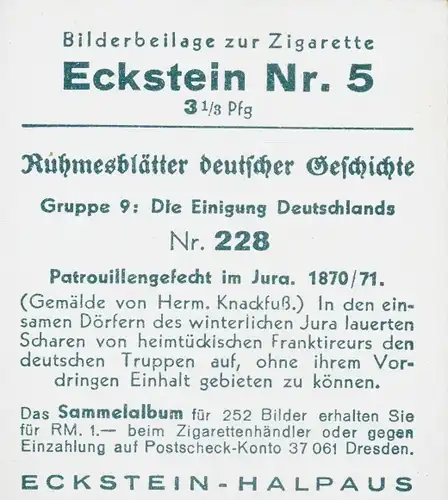 Sammelbild Ruhmesblätter deutscher Geschichte 228 Einigung Deutschlands, Patrouillengefecht 1870/71