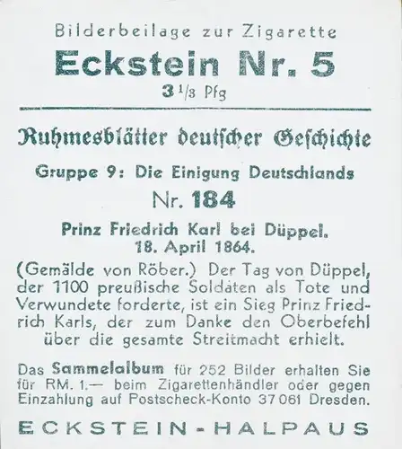 Sammelbild Ruhmesblätter deutscher Geschichte 184 Einigung Deutschlands, Prinz Friedrich Karl Düppel