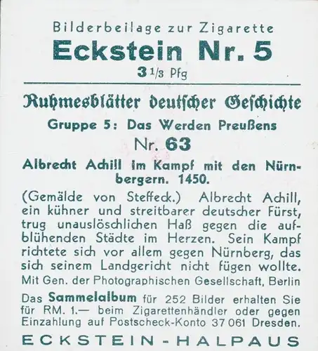 Sammelbild Ruhmesblätter deutscher Geschichte 63 Werden Preußens, Albrecht Achill, Nürnberger, 1450