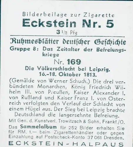 Sammelbild Ruhmesblätter deutscher Geschichte Nr. 169 Befreiungskriege, Völkerschlacht Leipzig 1813