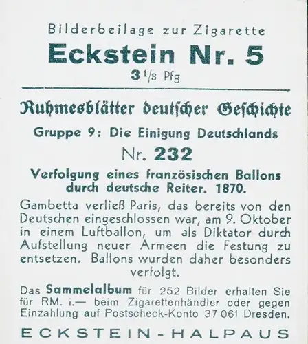 Sammelbild Ruhmesblätter deutscher Geschichte 232 Einigung Deutschlands, dt. Reiter, französ. Ballon