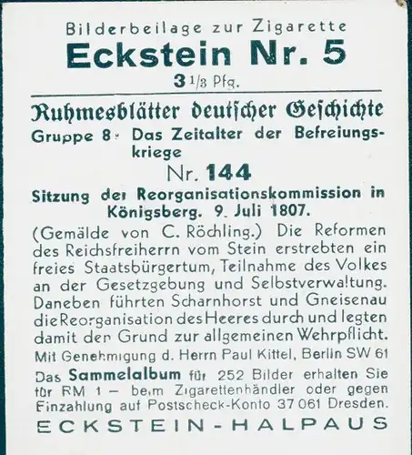 Sammelbild Ruhmesblätter deutscher Geschichte 144 Befreiungskriege, Reorganisationskomm. Königsberg