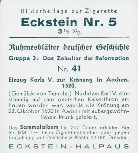 Sammelbild Ruhmesblätter deutscher Geschichte Nr. 41 Reformation, Krönung Karl V, Aachen 1520