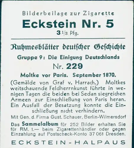 Sammelbild Ruhmesblätter deutscher Geschichte Nr. 229 Einigung Deutschlands, Moltke vor Paris 1870