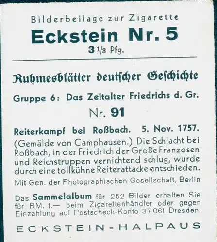 Sammelbild Ruhmesblätter deutscher Geschichte Nr. 91 Friedrich d. Gr., Reiterkampf bei Roßbach 1757