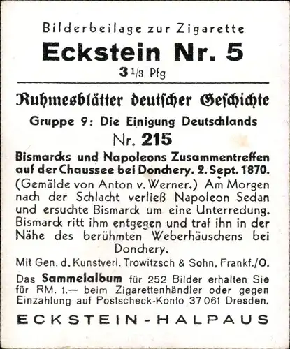 Sammelbild Ruhmesblätter deutscher Geschichte 215 Einigung Deutschlands, Bismarck, Napoleon, 1870