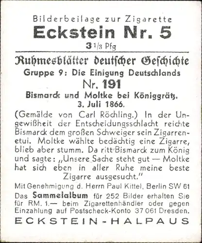 Sammelbild Ruhmesblätter deutscher Geschichte Nr. 191 Einigung, Bismarck, Moltke, Königgrätz 1866