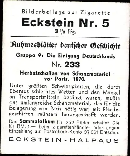 Sammelbild Ruhmesblätter deutscher Geschichte Nr. 233 Einigung Deutschlands, Belagerung Paris 1870