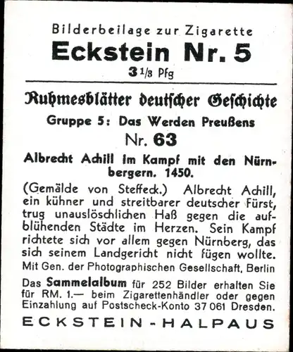 Sammelbild Ruhmesblätter deutscher Geschichte 63 Werden Preußens, Albrecht Achill, Nürnberger, 1450