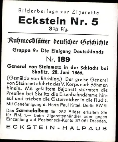 Sammelbild Ruhmesblätter dt. Geschichte 189 Einigung Deutschlands, Gen. v. Steinmetz, Skalitz 1866