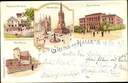 Litho Halle an der Saale, Restaurant Peissnitz, Marktplatz, Gymnasium, Moritzburg