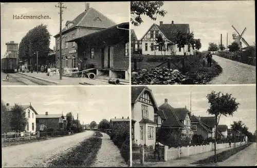 Ak Hademarschen in Holstein, Ortsansichten, Bahnhof, Gleisseite, Windmühle