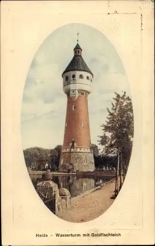 Präge Passepartout Ak Heide in Holstein, Wasserturm mit Goldfischteich
