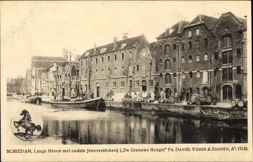 Ak Schiedam Südholland Niederlande, Lange Haven met oudste Jeneverstokerij