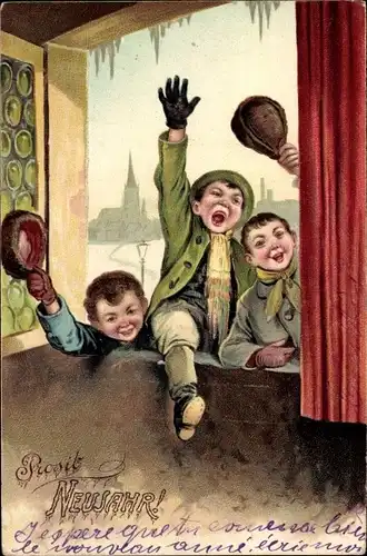 Präge Litho Glückwunsch Neujahr, Jungen am Fenster