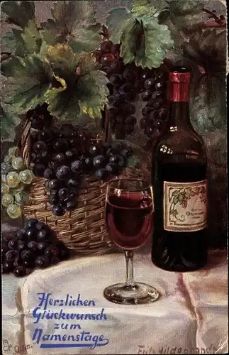 Künstler Ak Hildebrandt, Fritz, Glückwunsch Namenstag, Weintrauben, Weinflasche