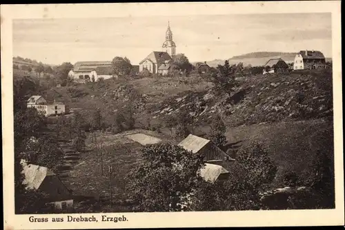 Ak Drebach im Erzgebirge, Blick auf den Ort, Kirche