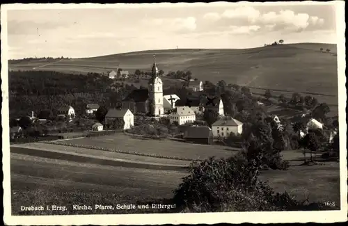 Ak Drebach im Erzgebirge, Kirche, Pfarre, Schule, Rittergut