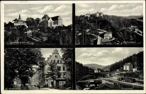 Ak Wolkenstein im Erzgebirge, Schloss und Kirche, Warmbad, Flossplatz, Ort