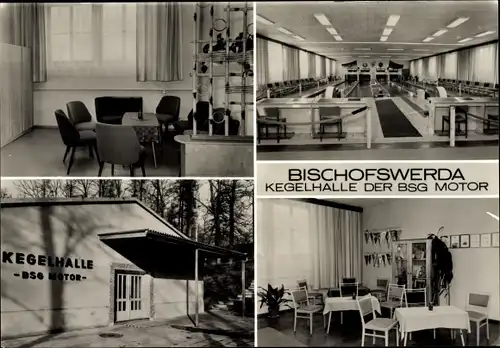 Ak Bischofswerda in Sachsen, Kegelhalle der BSG Motor, Innenansichten, Außenansicht