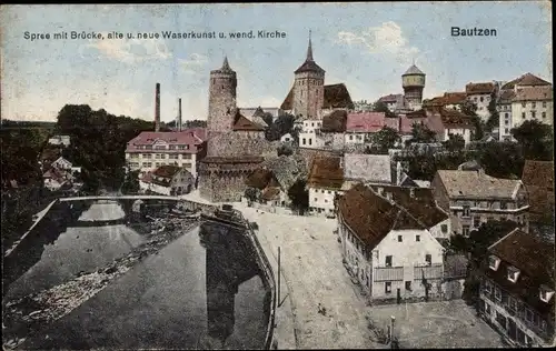Ak Bautzen in der Lausitz, Spree mit Brücke, alte und neue Wasserkunst und wend. Kirche